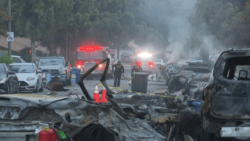 Rubble on San Diego street after plane crash